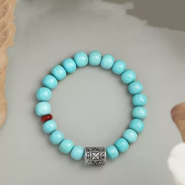 Silver turquoise nanhong string beeswax multi treasure bracelet barrel beads ethnic style birthday gift-1