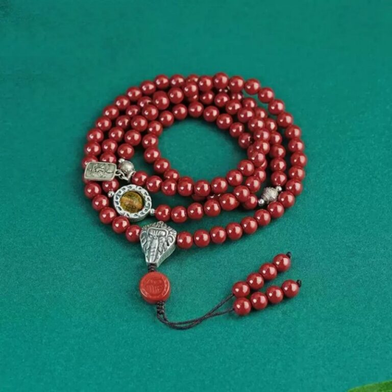 925 Silver Cinnabar Amber 108 Bead String Six Character Truth Necklace for Men and Women for the Year of the Snake-1