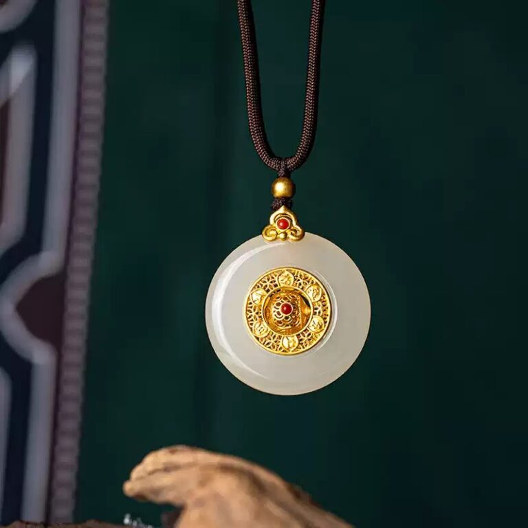 Gold and jade and field jade peace button pendant necklace women's 999 foot gold light luxury multi treasure collarbone chain-4