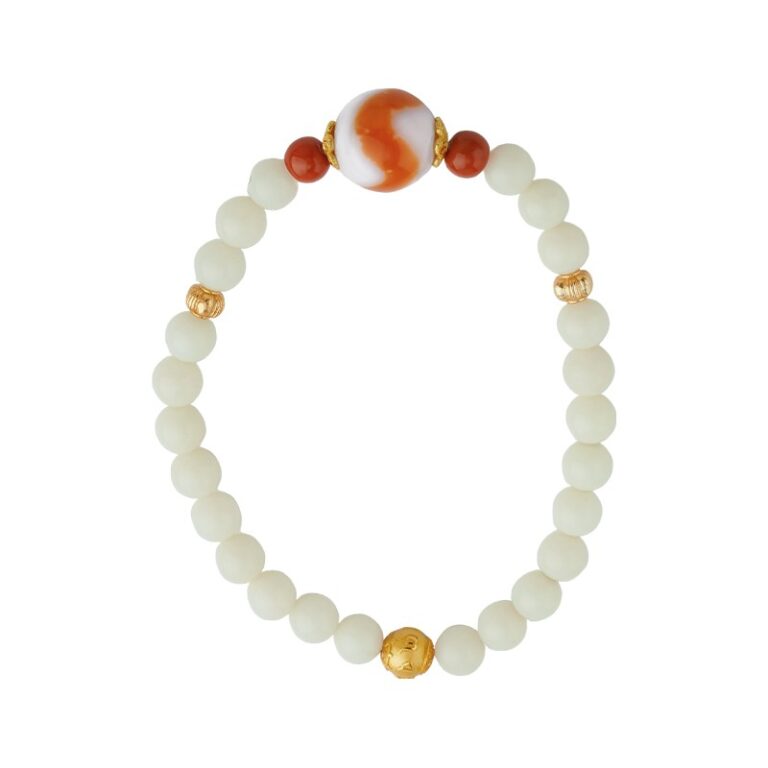 White Jade Strand Red Flesh Tiger Tooth Dzi Bead Tibetan Women's Simple Niche Design Bracelet