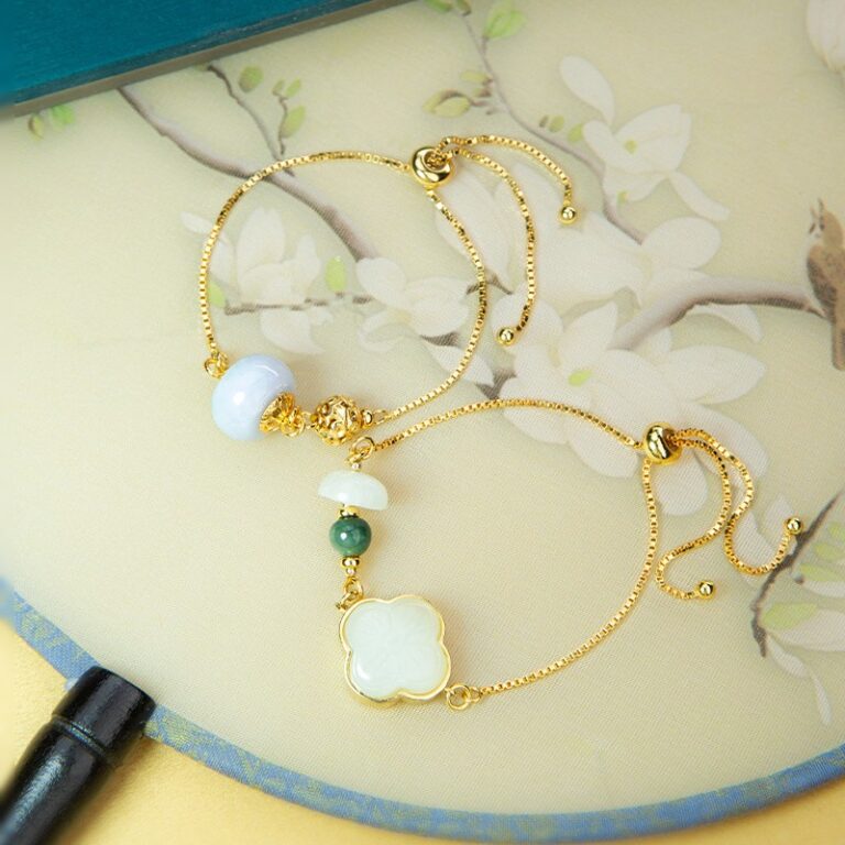 Blossom and Fortune Hetian Jade String Female Jadeite Carrying Beads Hand Rope S925 Silver Gold Plated Bracelet-3