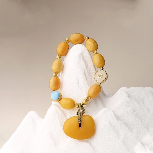 Silver Six Character Beeswax Bracelet Women's Single Loop Amber Bracelet Beading