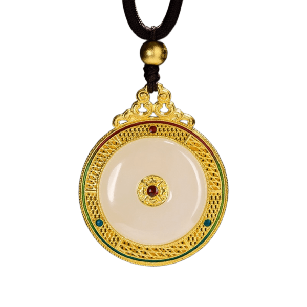 Collection of Auspicious Eight Treasures Gold and Jade Peace Buckle Pendant Pure Gold and Jade Men and Women Models Gold Necklace