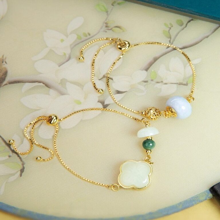 Blossom and Fortune Hetian Jade String Female Jadeite Carrying Beads Hand Rope S925 Silver Gold Plated Bracelet