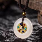 Gold and jade and field jade peace button pendant necklace women's 999 foot gold light luxury multi treasure collarbone chain-2