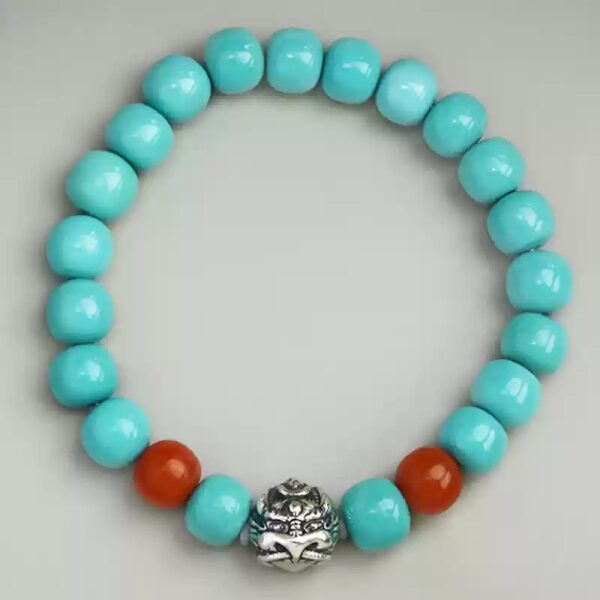 Silver turquoise nanhong string beeswax multi treasure bracelet barrel beads ethnic style birthday gift-4