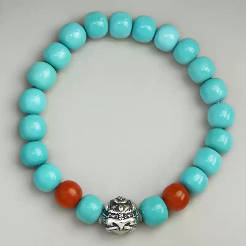 Silver turquoise nanhong string beeswax multi treasure bracelet barrel beads ethnic style birthday gift-4