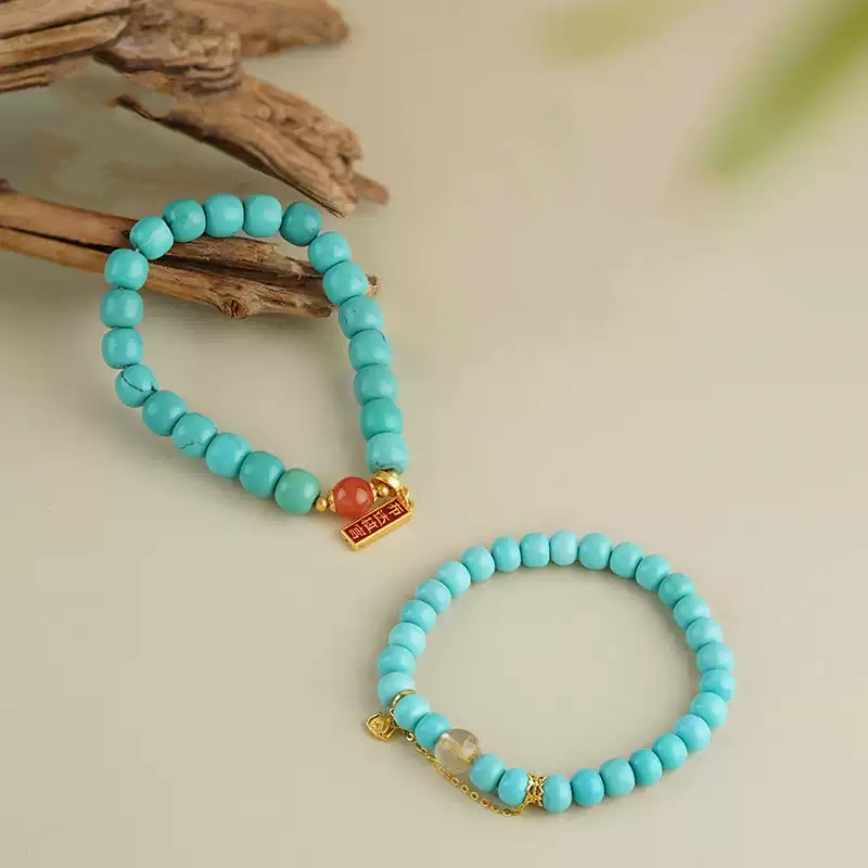 pure gold bar pendant turquoise string women's Tibetan single circle ethnic style bracelet ethnic style