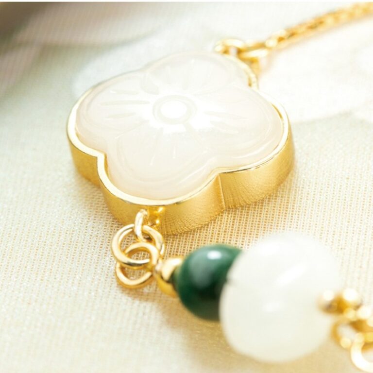 Blossom and Fortune Hetian Jade String Female Jadeite Carrying Beads Hand Rope S925 Silver Gold Plated Bracelet-4