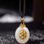 Gold and jade and field jade peace button pendant necklace women's 999 foot gold light luxury multi treasure collarbone chain-3