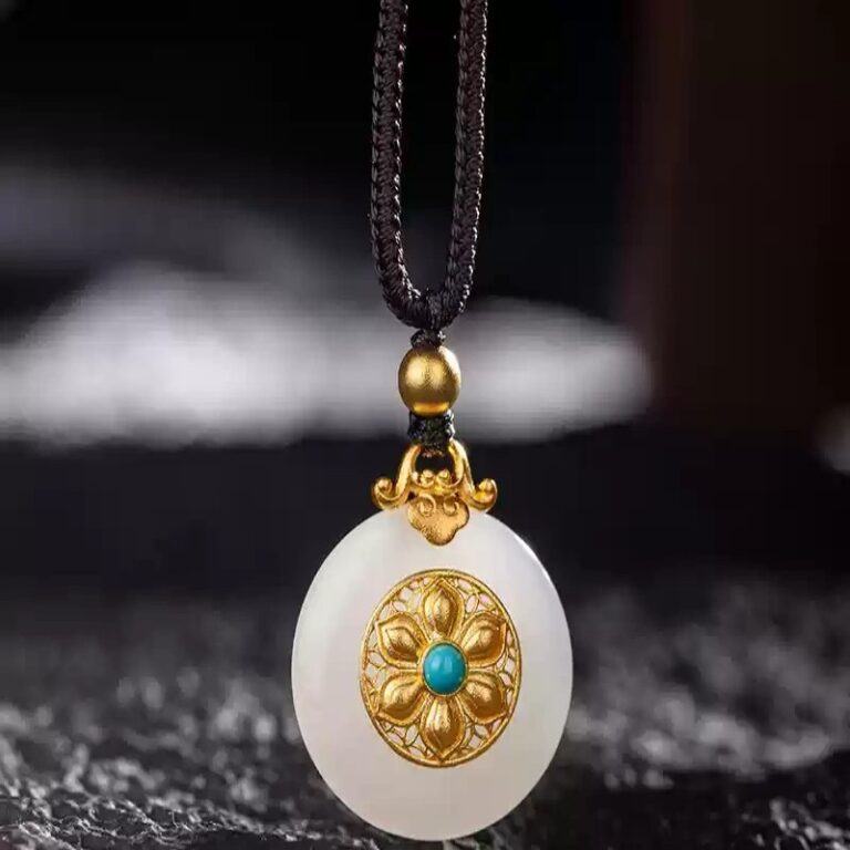 Gold and jade and field jade peace button pendant necklace women's 999 foot gold light luxury multi treasure collarbone chain-3