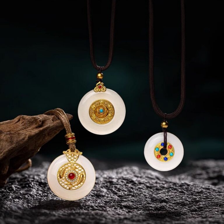 Gold and jade and field jade peace button pendant necklace women's 999 foot gold light luxury multi treasure collarbone chain