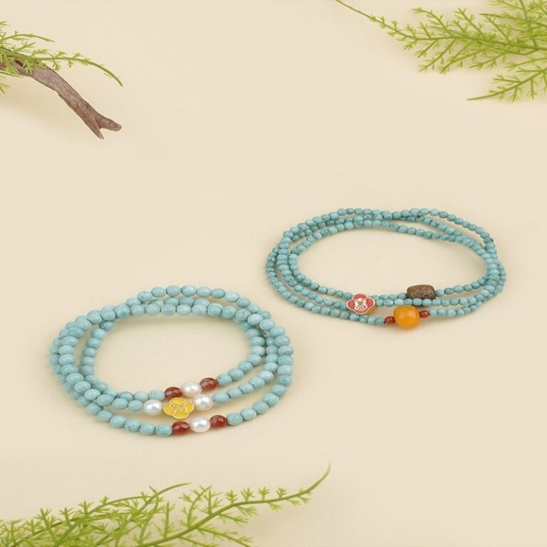 Turquoise strand with beeswax pearl multi loop bracelet dobby pan play jewelry handheld round beads