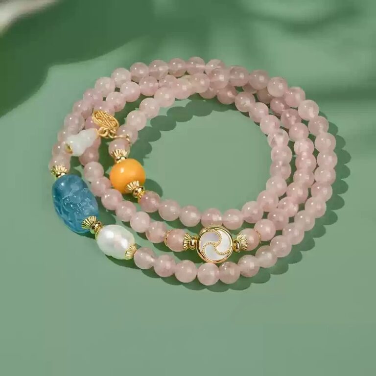 Pink Crystal Bracelet Women Rutilated Strawberry Crystal Peach Blossom String Beeswax Aquamarine Carrying Beads-3