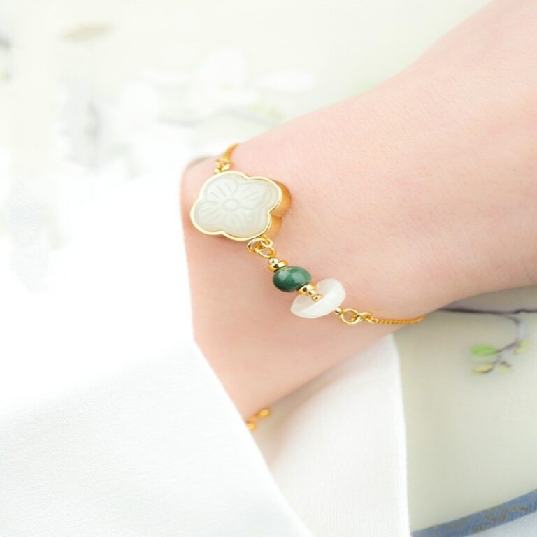 Blossom and Fortune Hetian Jade String Female Jadeite Carrying Beads Hand Rope S925 Silver Gold Plated Bracelet-6