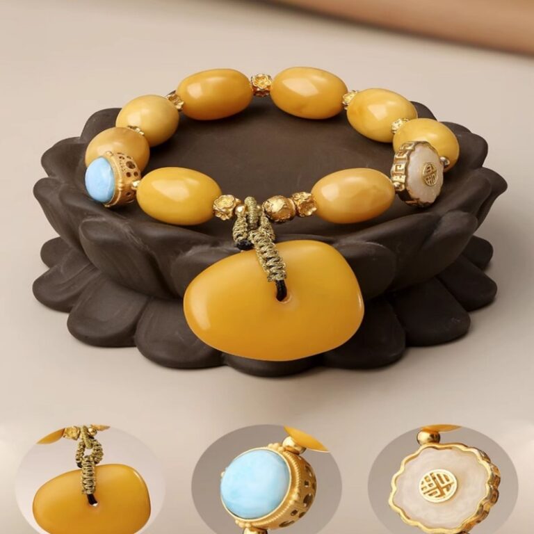 Silver Six Character Beeswax Bracelet Women's Single Loop Amber Bracelet Beading-6