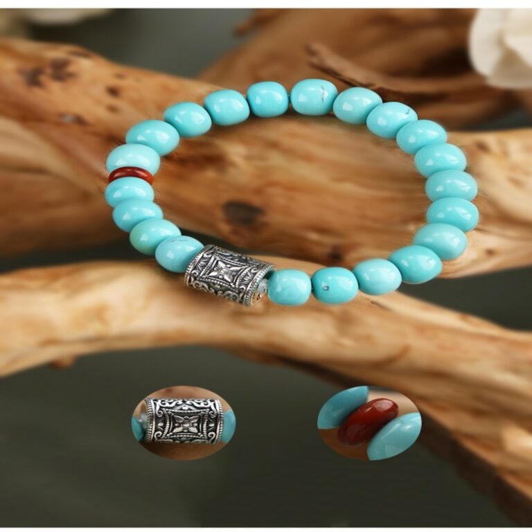 Silver turquoise nanhong string beeswax multi treasure bracelet barrel beads ethnic style birthday gift-6