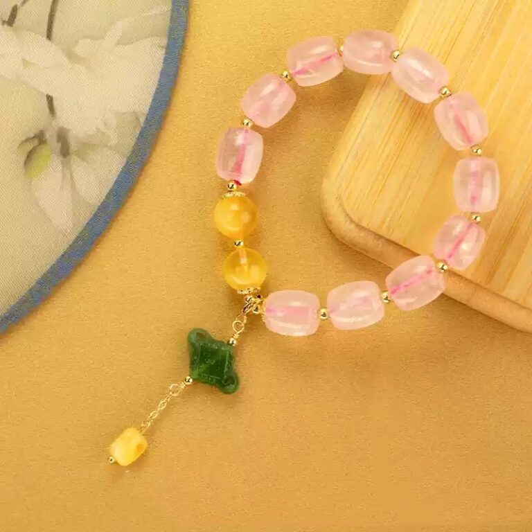 Pink Crystal Bracelet Women Rutilated Strawberry Crystal Peach Blossom String Beeswax Aquamarine Carrying Beads-4