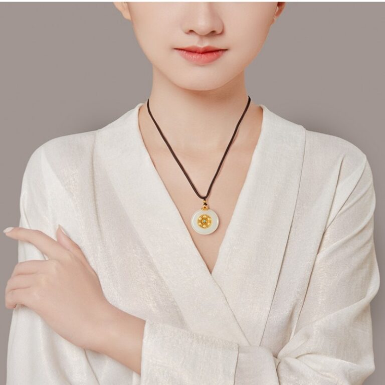 Gold and jade and field jade peace button pendant necklace women's 999 foot gold light luxury multi treasure collarbone chain-6