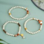 White Jade Strand Red Flesh Tiger Tooth Dzi Bead Tibetan Women's Simple Niche Design Bracelet-6