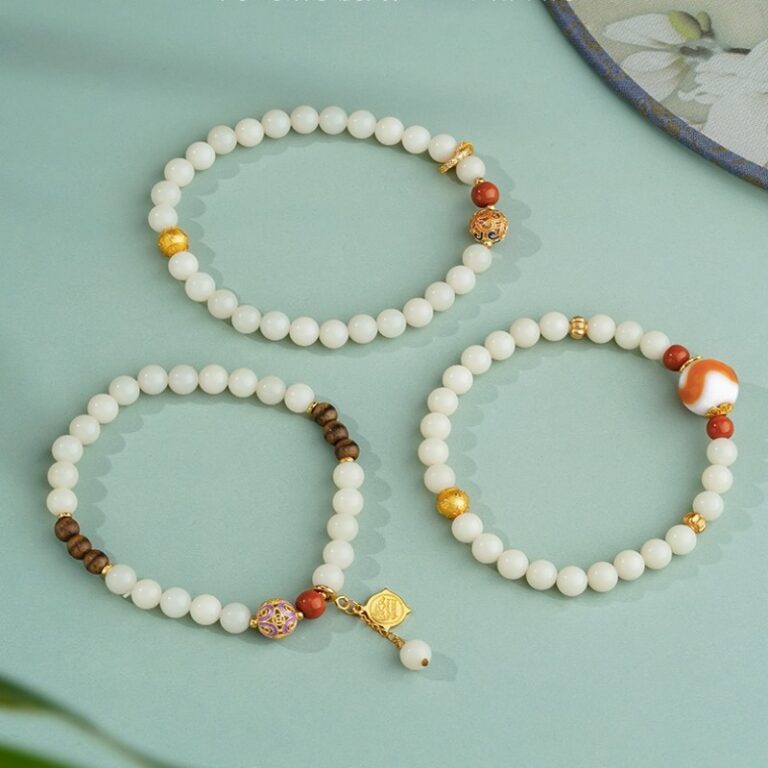 White Jade Strand Red Flesh Tiger Tooth Dzi Bead Tibetan Women's Simple Niche Design Bracelet-6