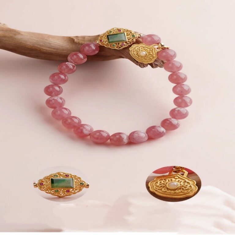 Rhodochrosite Ruyi Lock Bracelet Original Design Niche Bracelet Women's 925 Silver Jade Beads-5