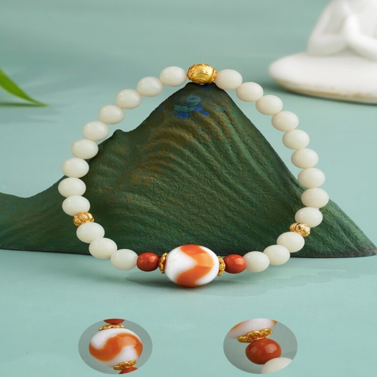 White Jade Strand Red Flesh Tiger Tooth Dzi Bead Tibetan Women's Simple Niche Design Bracelet-7