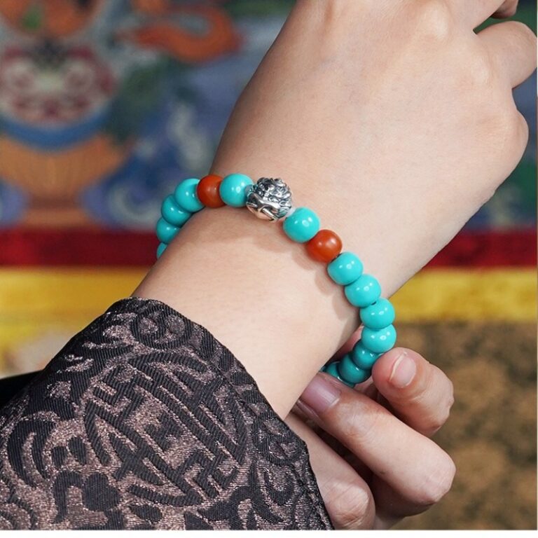 Silver turquoise nanhong string beeswax multi treasure bracelet barrel beads ethnic style birthday gift-11