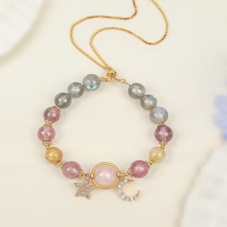 Moonstone Strawberry Crystal Doppelganger Bracelet Women's Peach Blossom Pink Crystal Transfer Beads Bracelet Beaded-3