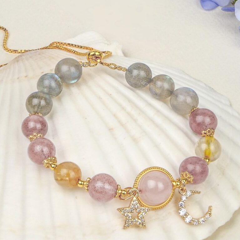 Moonstone Strawberry Crystal Doppelganger Bracelet Women's Peach Blossom Pink Crystal Transfer Beads Bracelet Beaded-13