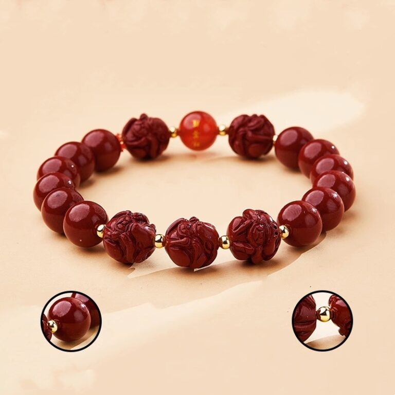 Natural Cinnabar Triple Hexagonal Transfer Beads Bracelet Chinese Zodiac Rabbit Dragon Rooster Horse Lunar New Year Red Bracelet for Men and Women-1