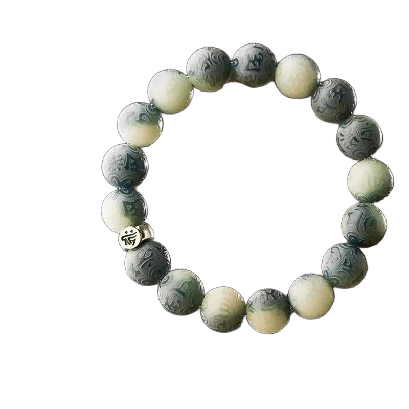 Green and White Gradient Carving Bodhi Root Single Circle String Men and Women Handheld Disc Play Buddha Rosary Beads Literature Bracelet