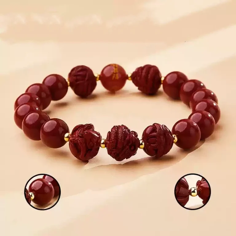 Natural Cinnabar Triple Hexagonal Transfer Beads Bracelet Chinese Zodiac Rabbit Dragon Rooster Horse Lunar New Year Red Bracelet for Men and Women-2