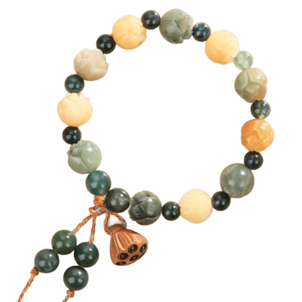 God of Wealth Lotus Bodhi Root String White Jade Bodhi Peaceful Duo Treasure Bracelet