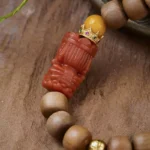 Old Sandalwood Strings with Nanhong Carvings Beeswax with Beads 925 Silver Round Beads Bracelet Wooden Cultural Toys-3