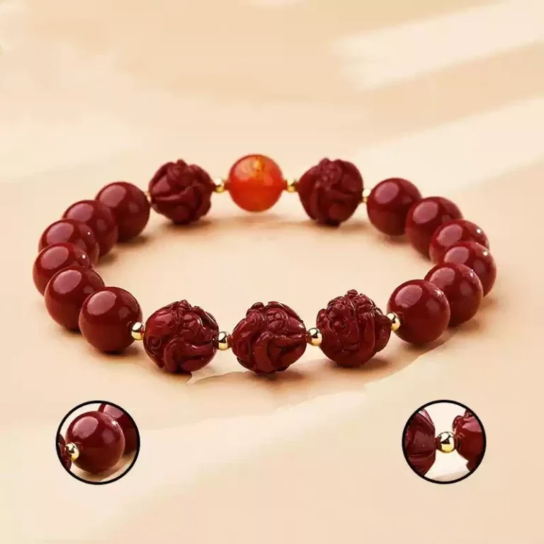 Natural Cinnabar Triple Hexagonal Transfer Beads Bracelet Chinese Zodiac Rabbit Dragon Rooster Horse Lunar New Year Red Bracelet for Men and Women-3