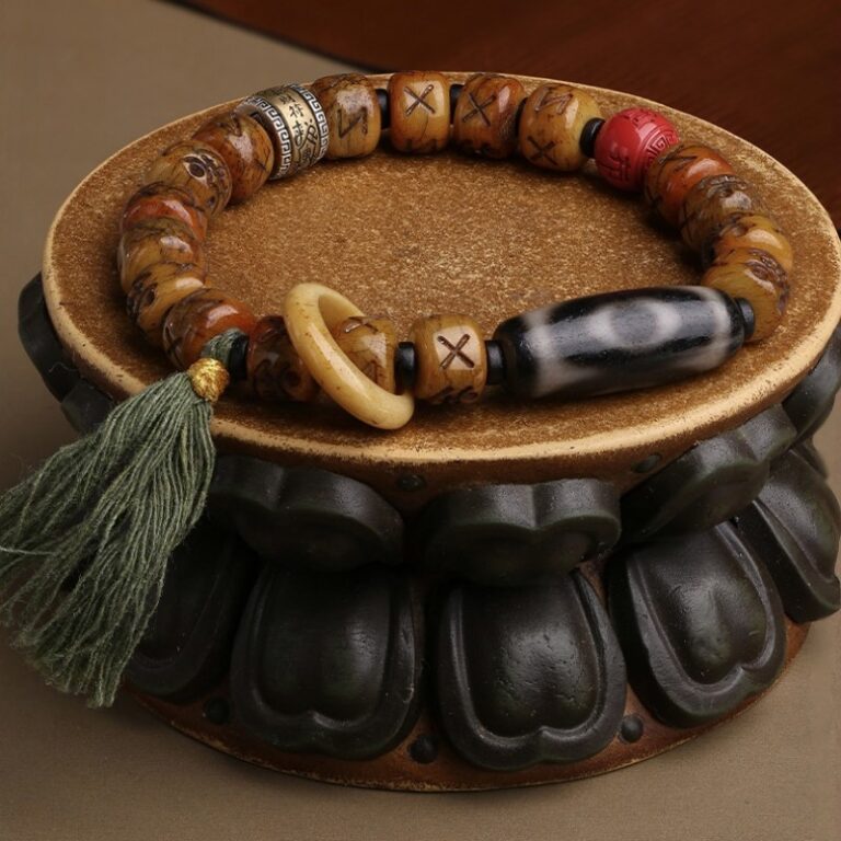 Cow Bone Three-Eyed Dzi Bead Strings Cinnabar Tibetan Ethnic Style Niche Men's Handheld Disc Play Bead Strings-2