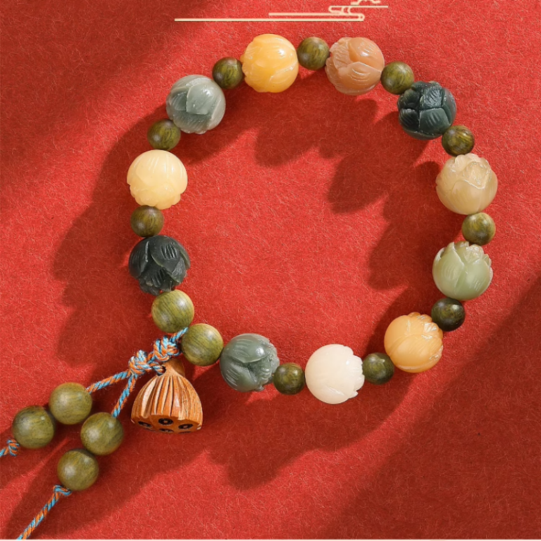 God of Wealth Lotus Bodhi Root String White Jade Bodhi Peaceful Duo Treasure Bracelet-10