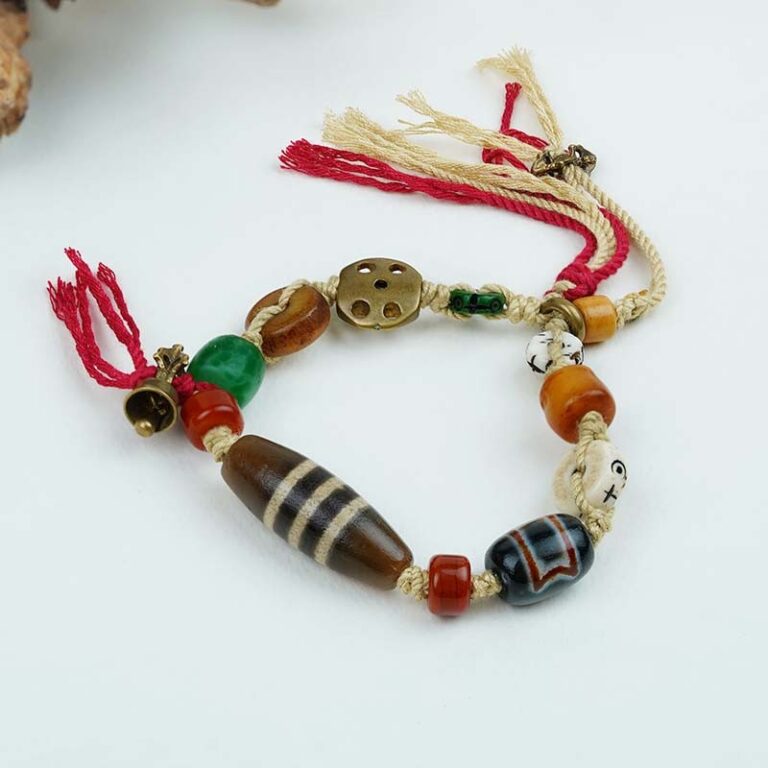 Nine Eyes Dzi Bead Hand Rope Tibetan Red Flesh Yak Bone Tiger Tooth Treasure Vase Transfer Beads Bracelet for Men and Women-3