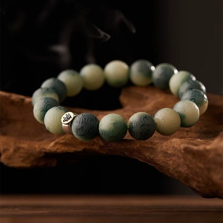 Green and White Gradient Carving Bodhi Root Single Circle String Men and Women Handheld Disc Play Buddha Rosary Beads Literature Bracelet-3