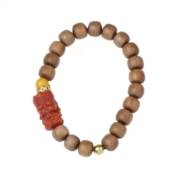 Old Sandalwood Strings with Nanhong Carvings Beeswax with Beads 925 Silver Round Beads Bracelet Wooden Cultural Toys