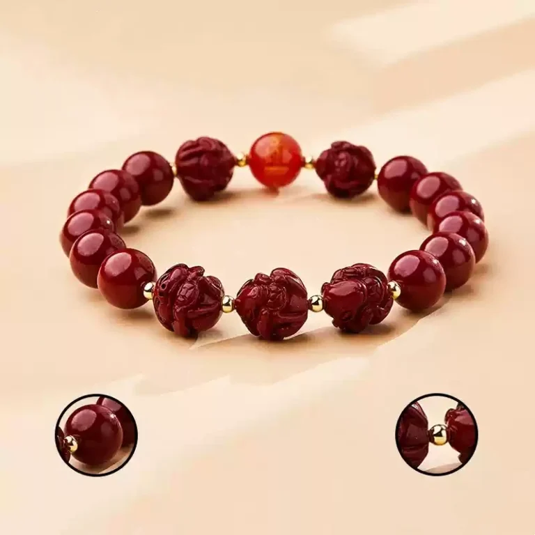 Natural Cinnabar Triple Hexagonal Transfer Beads Bracelet Chinese Zodiac Rabbit Dragon Rooster Horse Lunar New Year Red Bracelet for Men and Women-4