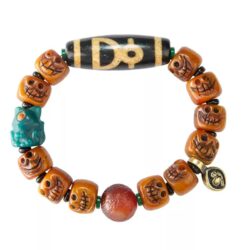 Three-Eyed Dzi Tibetan Cow Bone Strings Agate Playing with Discs Holding Tiger Teeth Bracelets for Men and Women