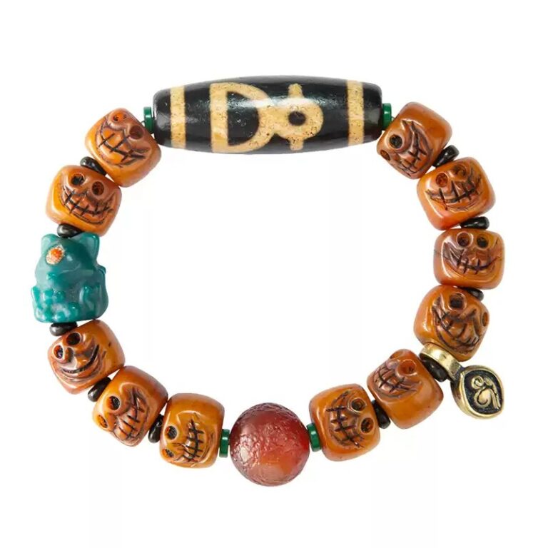 Three-Eyed Dzi Tibetan Cow Bone Strings Agate Playing with Discs Holding Tiger Teeth Bracelets for Men and Women