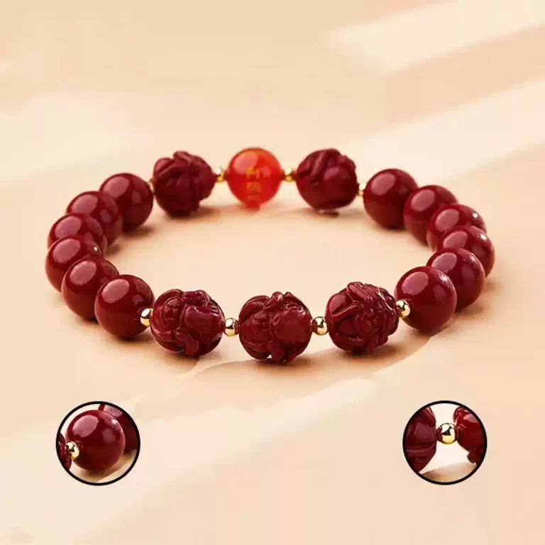 Natural Cinnabar Triple Hexagonal Transfer Beads Bracelet Chinese Zodiac Rabbit Dragon Rooster Horse Lunar New Year Red Bracelet for Men and Women-5