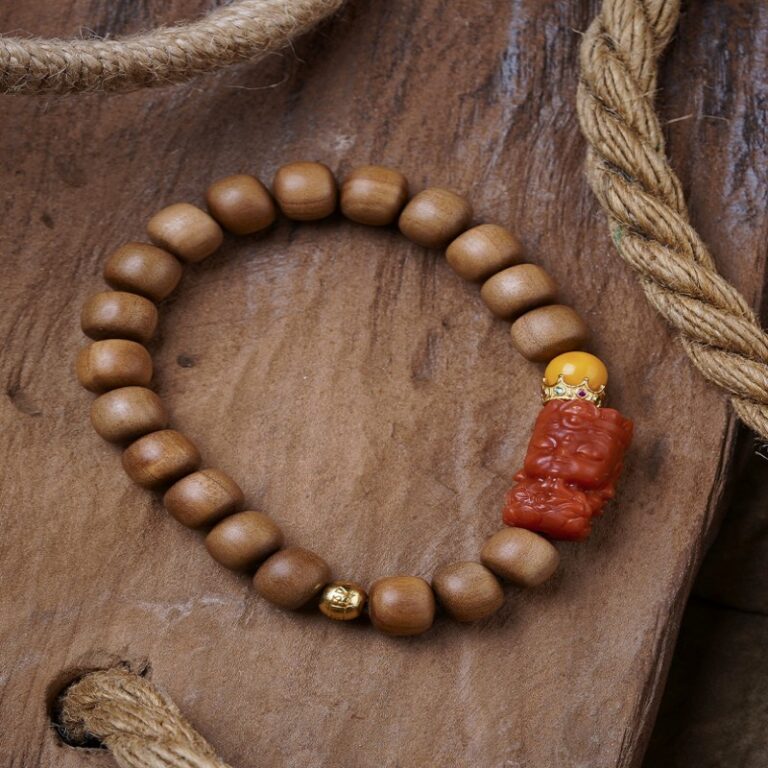 Old Sandalwood Strings with Nanhong Carvings Beeswax with Beads 925 Silver Round Beads Bracelet Wooden Cultural Toys-4