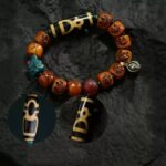 Three-Eyed Dzi Tibetan Cow Bone Strings Agate Playing with Discs Holding Tiger Teeth Bracelets for Men and Women-1