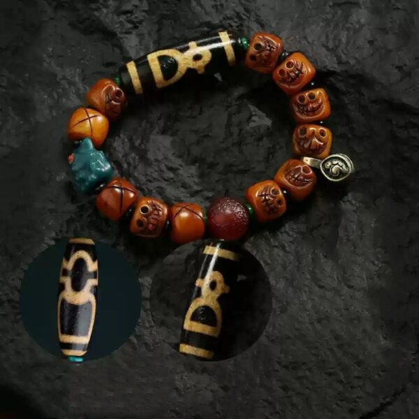 Three-Eyed Dzi Tibetan Cow Bone Strings Agate Playing with Discs Holding Tiger Teeth Bracelets for Men and Women-1