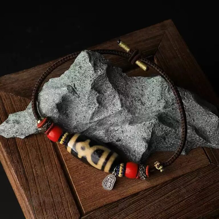 Nine Eyes Dzi Bead Hand Rope Tibetan Red Flesh Yak Bone Tiger Tooth Treasure Vase Transfer Beads Bracelet for Men and Women-2