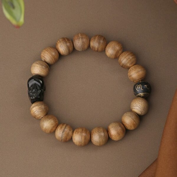 Incense Wood Strings Buddha Beads Tiger Teeth Brave Six Words of Truth Incense Grey Rosary Obsidian Men's Bracelet-1